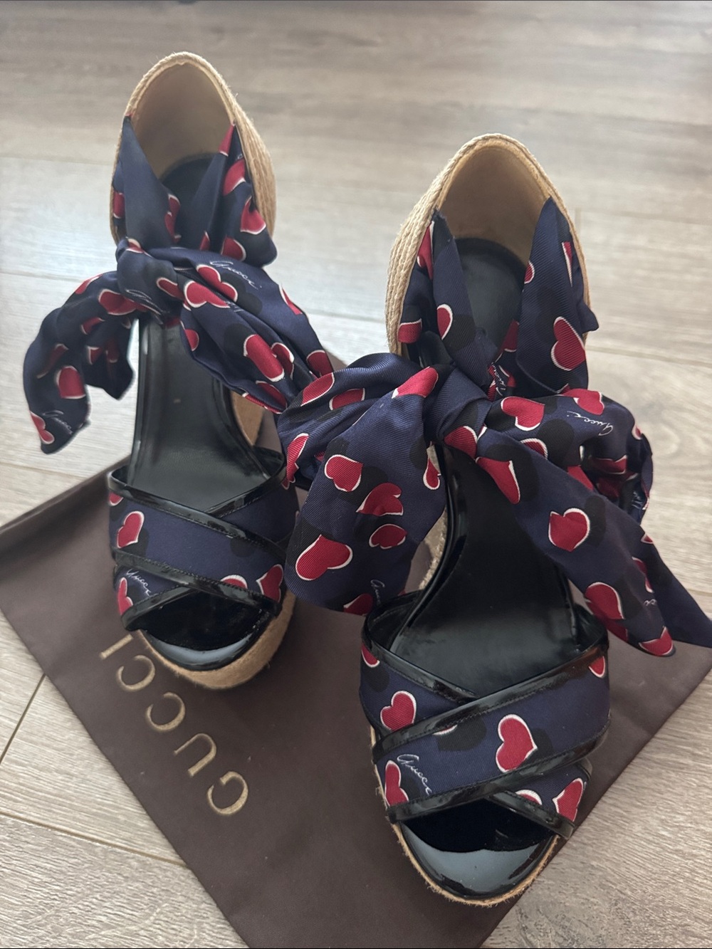 Gucci Navy and Red Heart-Print Espadrille Wedge Sandals